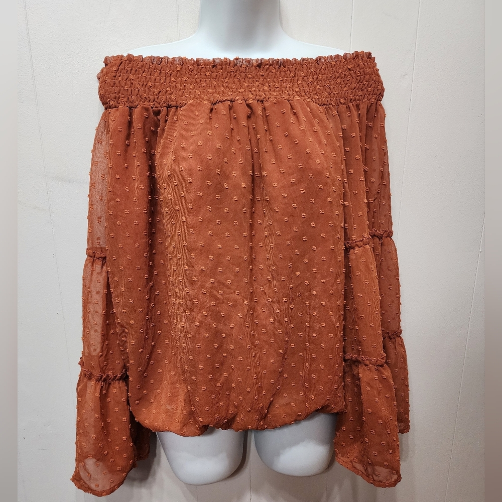 Off the Shoulder Blouse XL Burnt Orange Ruffle Peasant Sheer‎ Sleeve Boho C114 Z